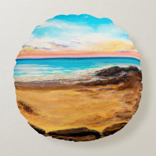 oil painting of beautiful golden sunset over ocea round cushion