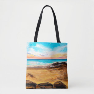 oil painting of beautiful golden sunset over ocea tote bag