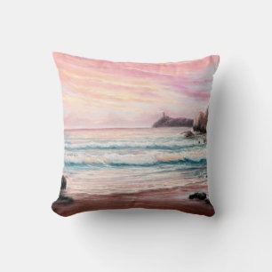  oil painting of beautiful purple sunset over ocea cushion