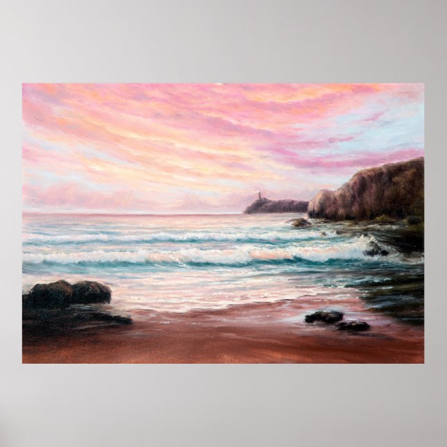  oil painting of beautiful purple sunset over ocea poster (Front)