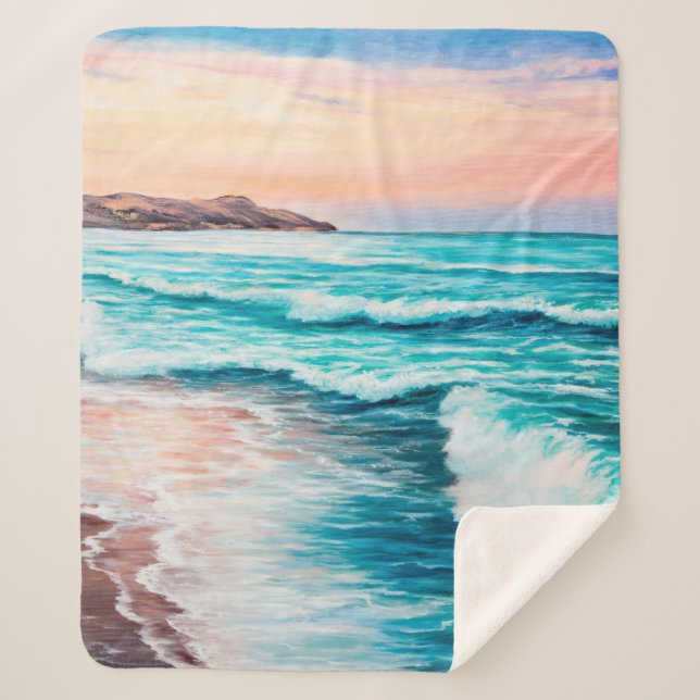  oil painting of beautiful purple sunset over ocea sherpa blanket (Front)