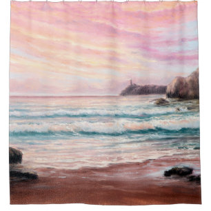 oil painting of beautiful purple sunset over ocea shower curtain