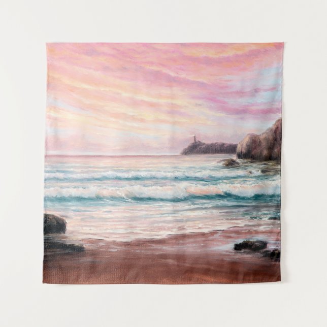  oil painting of beautiful purple sunset over ocea tapestry (Front)