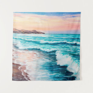 oil painting of beautiful purple sunset over ocea tapestry