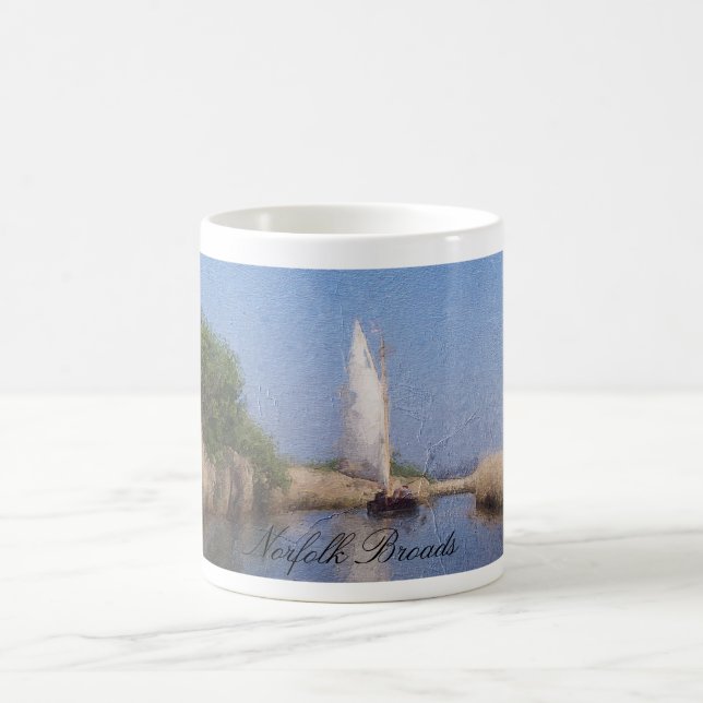 Oil Painting of boat sailing norfolk broads  Coffee Mug (Center)