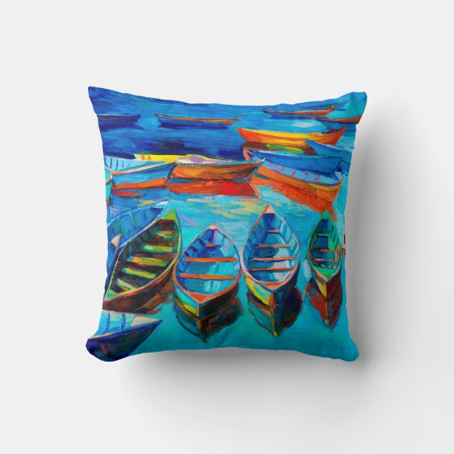  oil painting of boats and sea on canvas. Sunset o Cushion (Front)