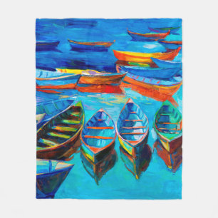 oil painting of boats and sea on canvas. Sunset o Fleece Blanket