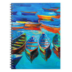 oil painting of boats and sea on canvas. Sunset o Notebook
