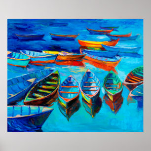  oil painting of boats and sea on canvas. Sunset o Poster