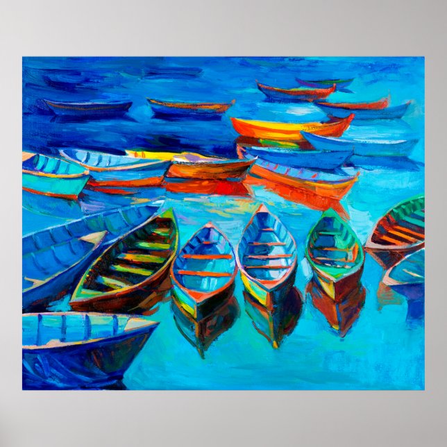  oil painting of boats and sea on canvas. Sunset o Poster (Front)