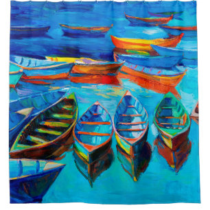 oil painting of boats and sea on canvas. Sunset o Shower Curtain