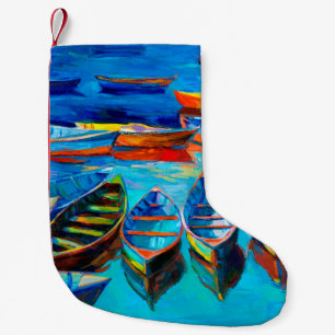 oil painting of boats and sea on canvas. Sunset o Small Christmas Stocking