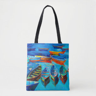  oil painting of boats and sea on canvas. Sunset o Tote Bag