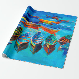oil painting of boats and sea on canvas. Sunset o Wrapping Paper