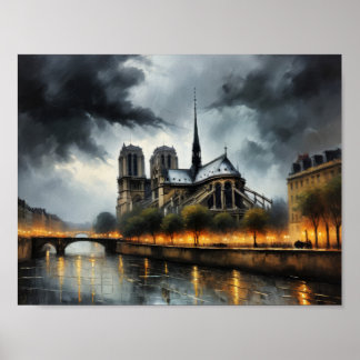 Oil painting of Notre Dame de Paris at night Poster