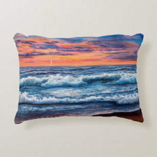 oil painting of Ocean and beach on canvas. Rich g Decorative Cushion
