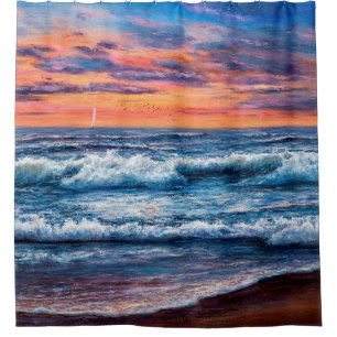  oil painting of Ocean and beach on canvas. Rich g Shower Curtain