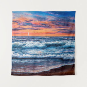 oil painting of Ocean and beach on canvas. Rich g Tapestry