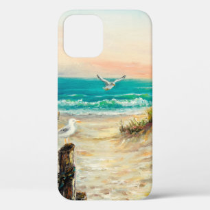  oil painting of ocean beach dunes with seagulls o iPhone 12 case