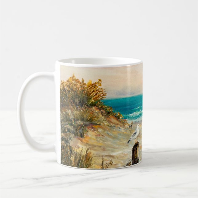  oil painting of ocean beach dunes with seagulls o coffee mug (Left)