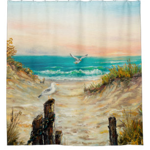  oil painting of ocean beach dunes with seagulls o shower curtain