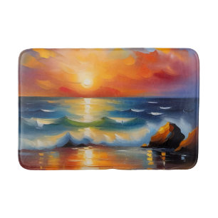 Oil Painting of orange sunset over the ocean Bath Mat