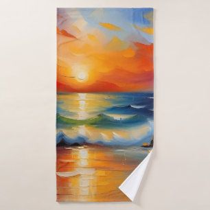 Oil Painting of orange sunset over the ocean Bath Towel Set
