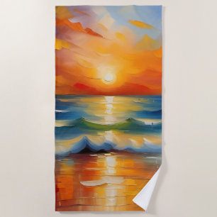 Oil Painting of orange sunset over the ocean Beach Towel