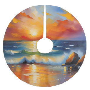 Oil Painting of orange sunset over the ocean Brushed Polyester Tree Skirt