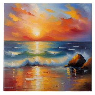 Oil Painting of orange sunset over the ocean Ceramic Tile