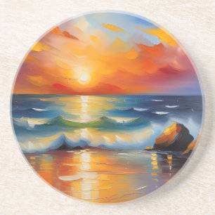 Oil Painting of orange sunset over the ocean Coaster