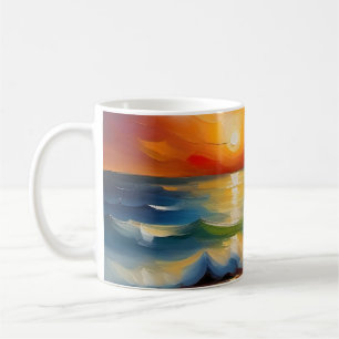 Oil Painting of orange sunset over the ocean Coffee Mug