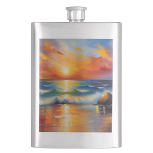 Oil Painting of orange sunset over the ocean Hip Flask