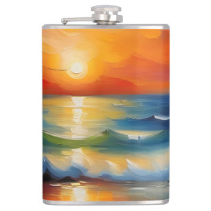 Oil Painting of orange sunset over the ocean Hip Flask
