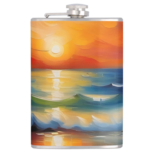 Oil Painting of orange sunset over the ocean Hip Flask (Front)