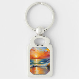 Oil Painting of orange sunset over the ocean  Key Ring
