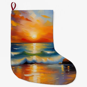 Oil Painting of orange sunset over the ocean Large Christmas Stocking