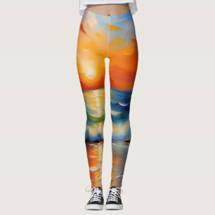 Oil Painting of orange sunset over the ocean Leggings