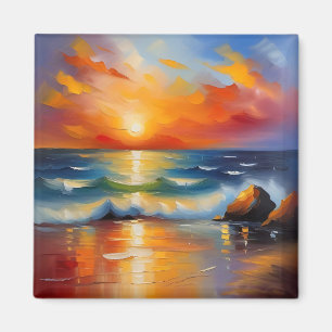 Oil Painting of orange sunset over the ocean Magnet