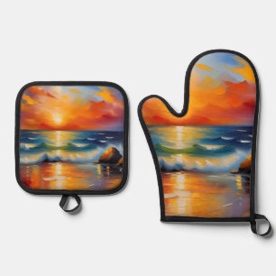 Oil Painting of orange sunset over the ocean Oven Mitt & Pot Holder Set