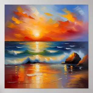 Oil Painting of orange sunset over the ocean Poster