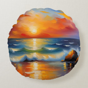 Oil Painting of orange sunset over the ocean Round Cushion