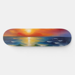 Oil Painting of orange sunset over the ocean Skateboard