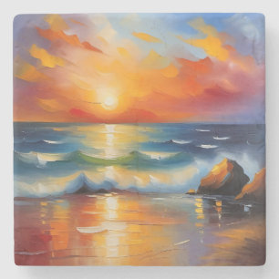 Oil Painting of orange sunset over the ocean Stone Coaster