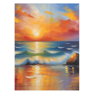Oil Painting of orange sunset over the ocean Tablecloth