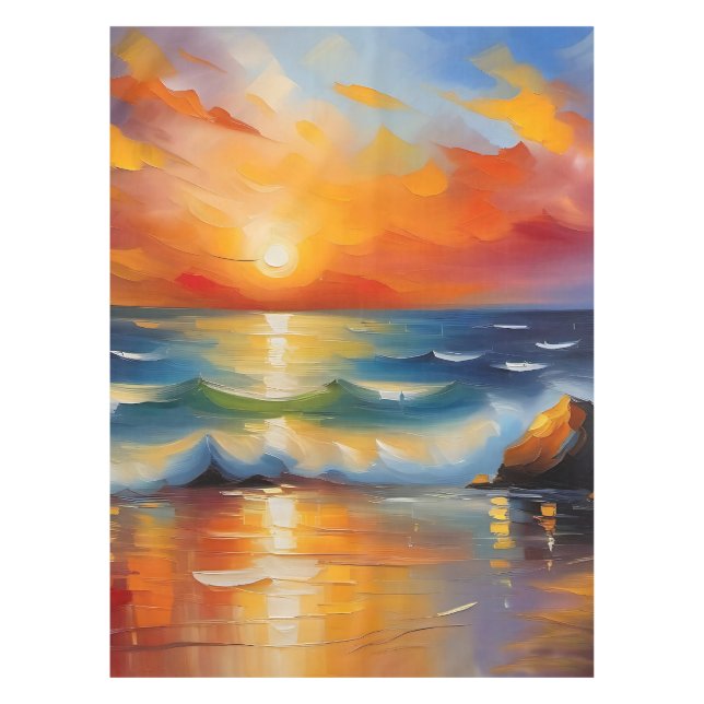 Oil Painting of orange sunset over the ocean Tablecloth (Front)