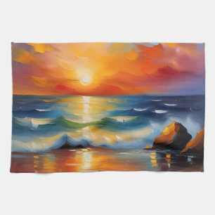Oil Painting of orange sunset over the ocean Tea Towel