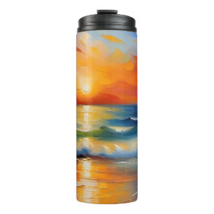 Oil Painting of orange sunset over the ocean Thermal Tumbler