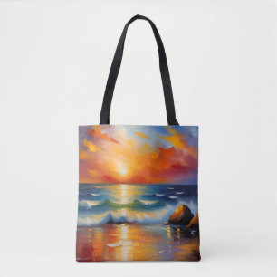 Oil Painting of orange sunset over the ocean Tote Bag