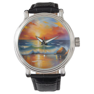 Oil Painting of orange sunset over the ocean Watch
